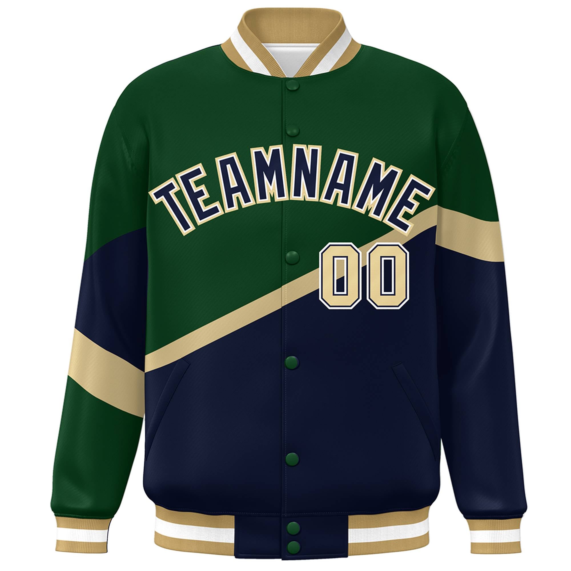 Custom Green Navy-White Color Block Bomber Varsity Baseball Jacket