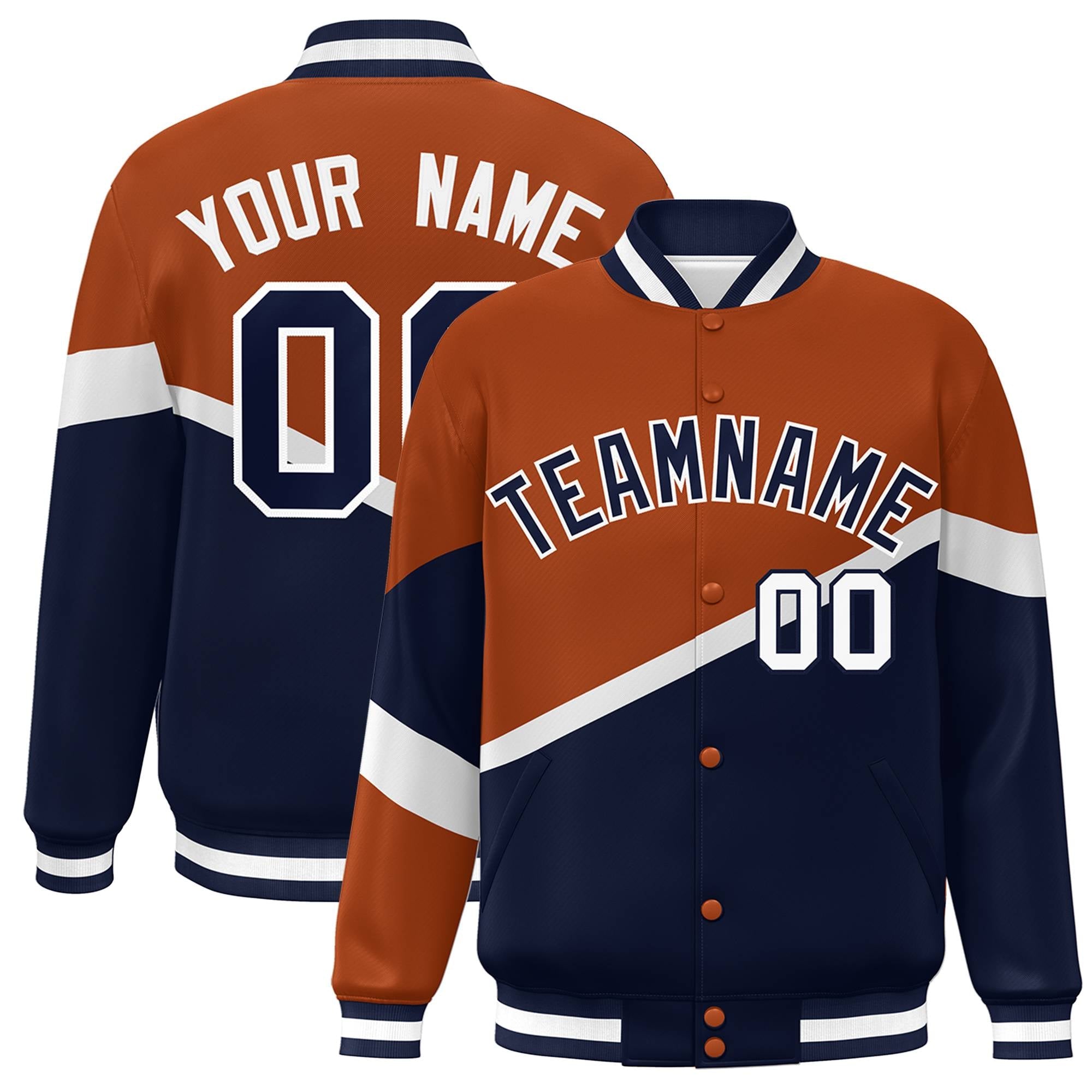 Custom Orange Navy-White Color Block Bomber Varsity Baseball Jacket