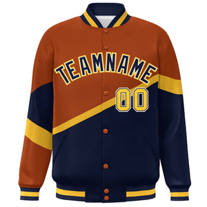 Custom Orange Navy-White Color Block Bomber Varsity Baseball Jacket