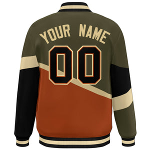 Custom Olive Orange Black-Orange Color Block Bomber Varsity Baseball Jacket