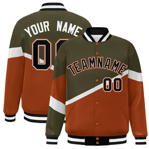 Custom Olive Orange Black-White Color Block Bomber Varsity Baseball Jacket