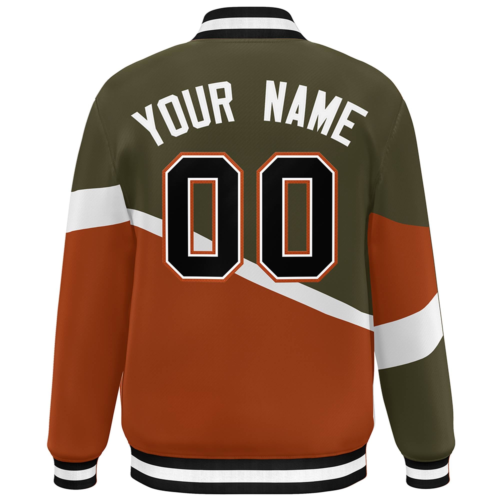 Custom Olive Orange Black-White Color Block Bomber Varsity Baseball Jacket