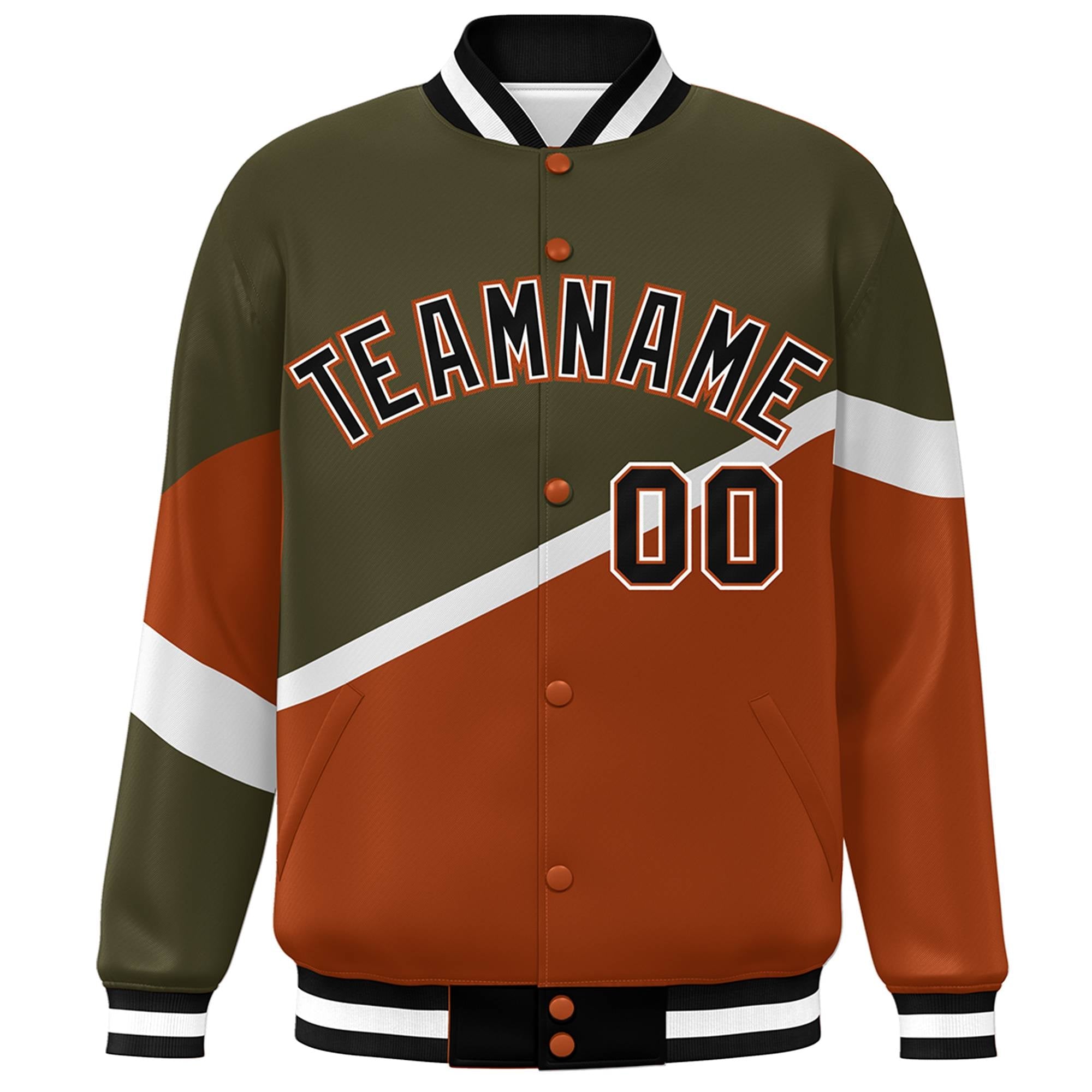 Custom Olive Orange Black-White Color Block Bomber Varsity Baseball Jacket