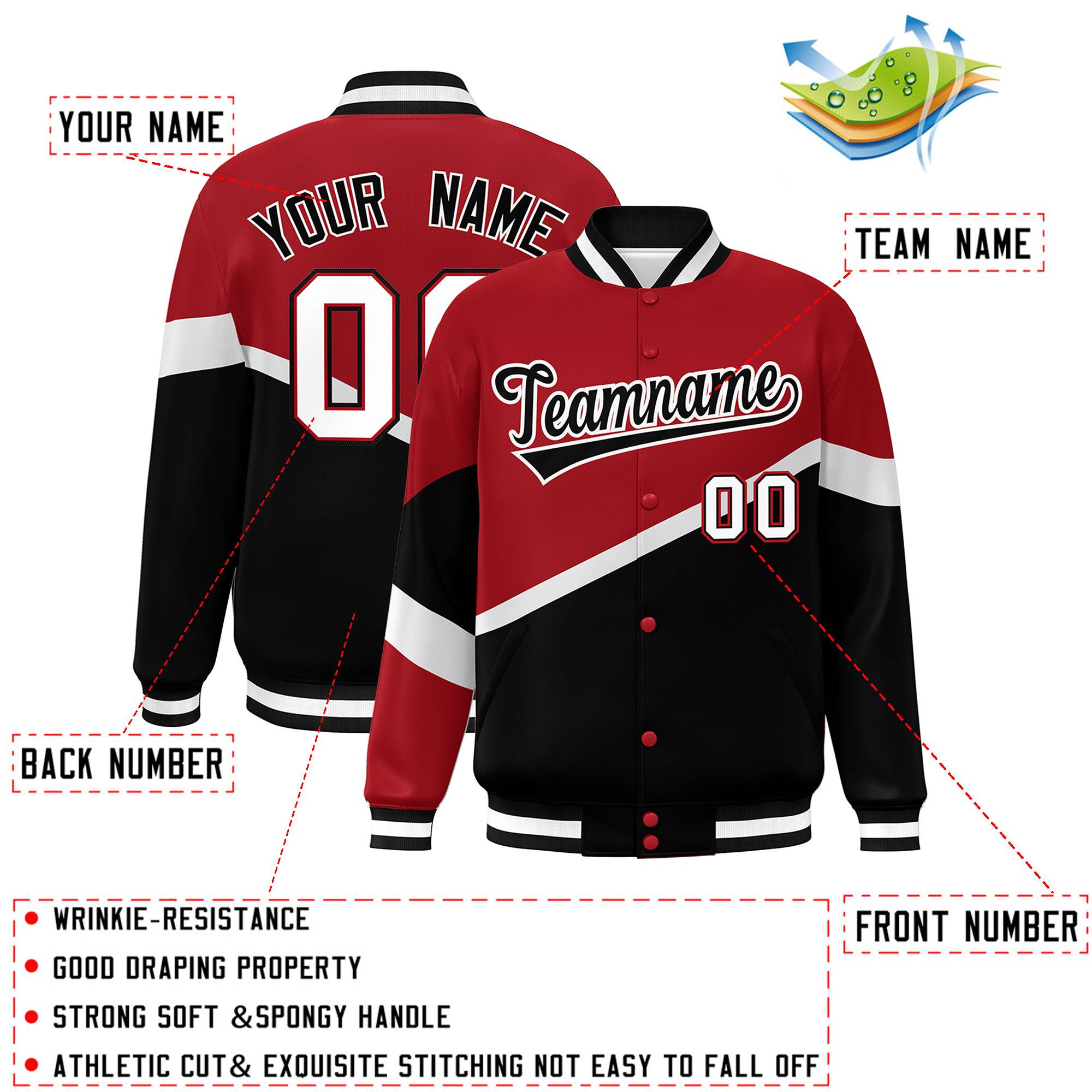 Custom Red Black-White Color Block Bomber Varsity Baseball Jacket