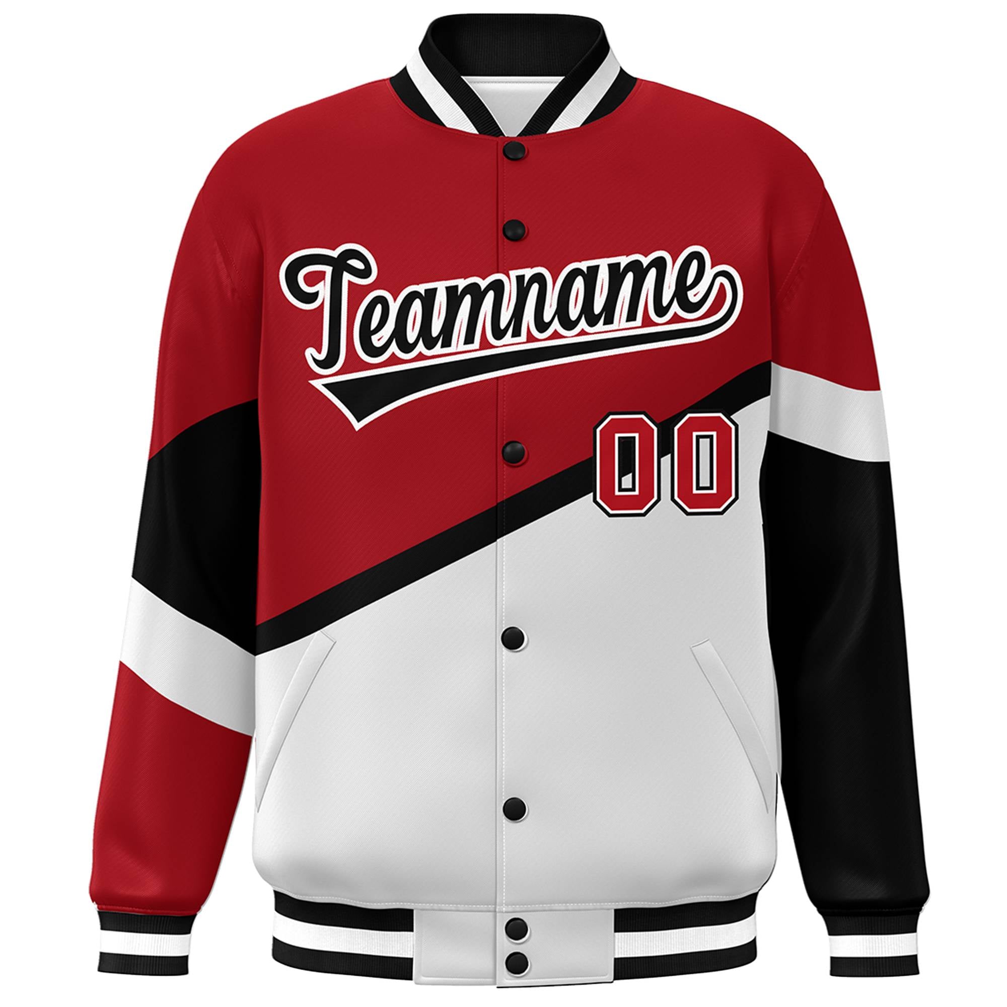 Custom Red White Black-White Color Block Bomber Varsity Baseball Jacket