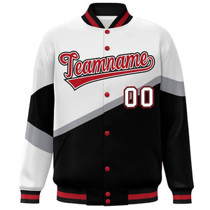 Custom White Black Red-White Color Block Bomber Varsity Baseball Jacket