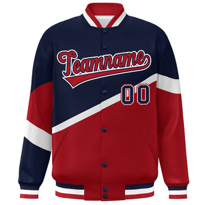 Custom Navy Red-Navy Color Block Bomber Varsity Baseball Jacket