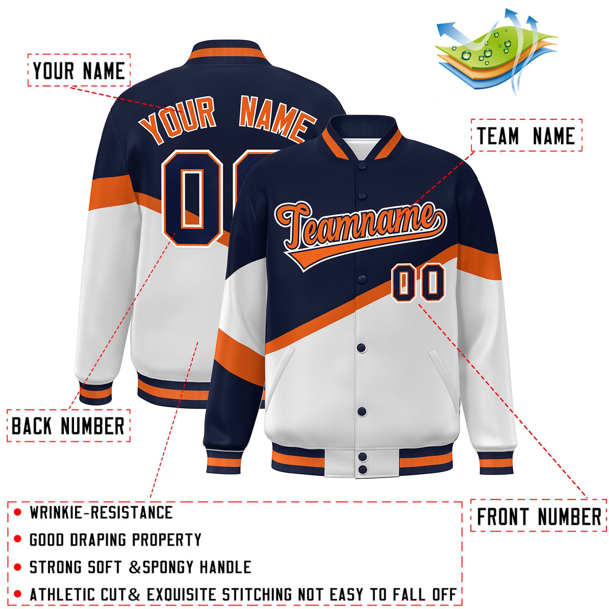 Custom Navy White Orange-Navy Color Block Bomber Varsity Baseball Jacket