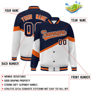 Custom Navy White Orange-Navy Color Block Bomber Varsity Baseball Jacket