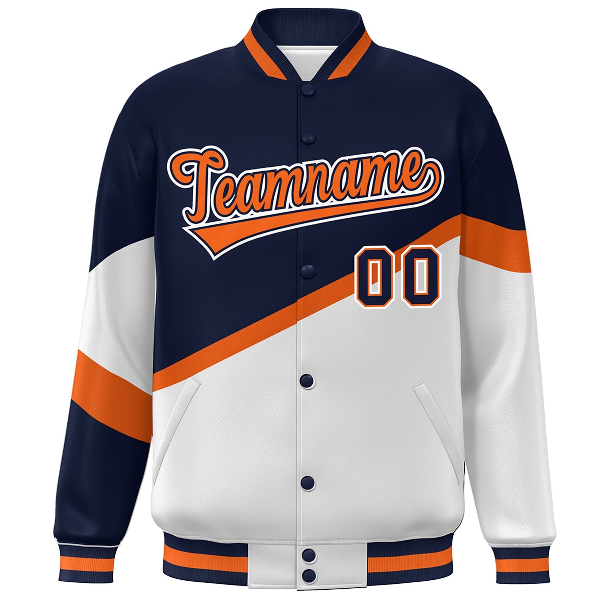 Custom Navy White Orange-Navy Color Block Bomber Varsity Baseball Jacket