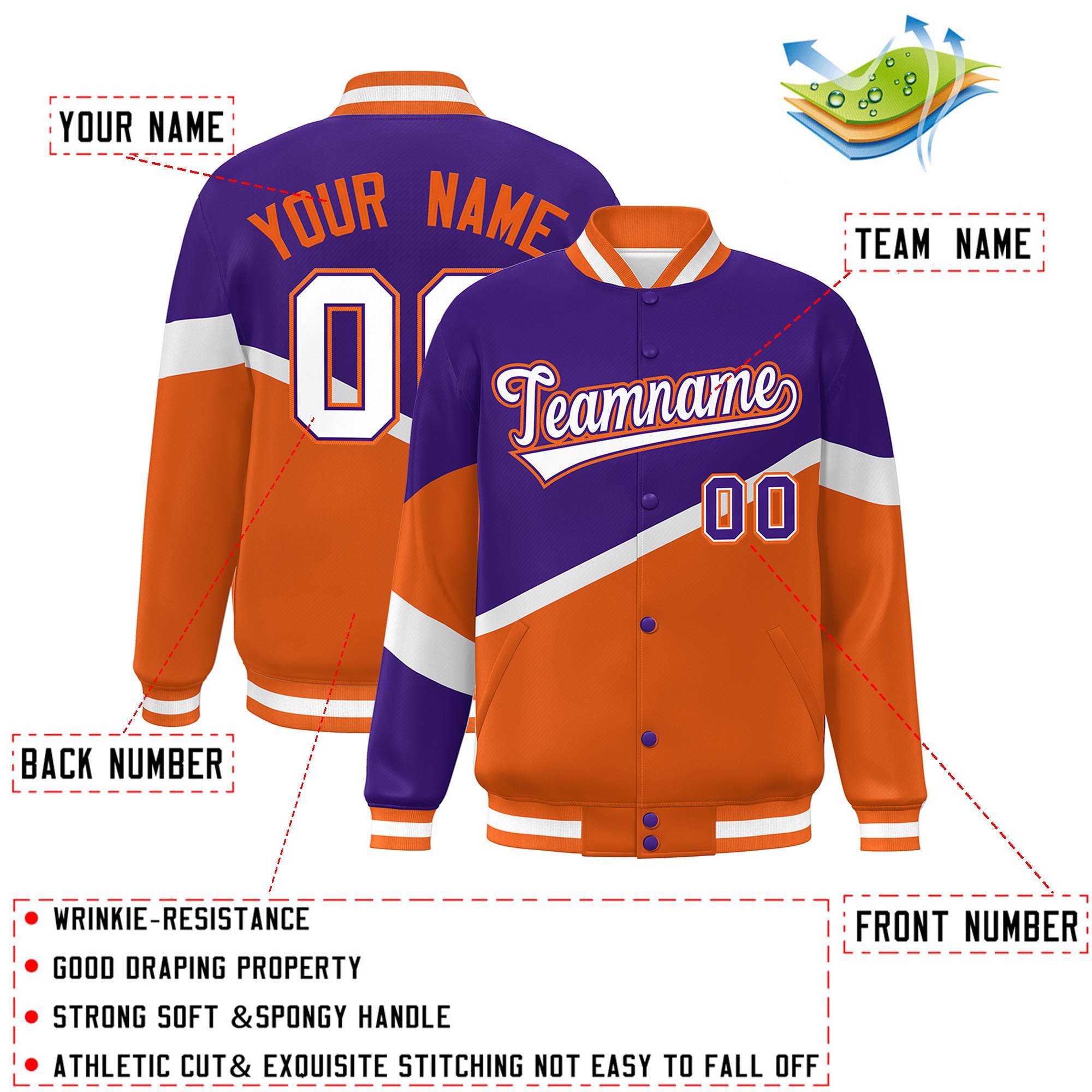 Custom Purple Orange White-Purple Color Block Bomber Varsity Baseball Jacket