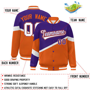 Custom Purple Orange White-Purple Color Block Bomber Varsity Baseball Jacket