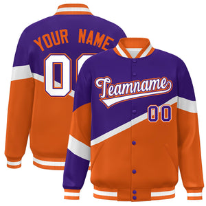 Custom Purple Orange White-Purple Color Block Bomber Varsity Baseball Jacket