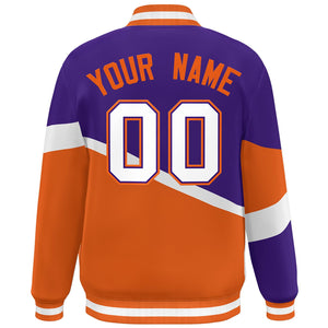 Custom Purple Orange White-Purple Color Block Bomber Varsity Baseball Jacket