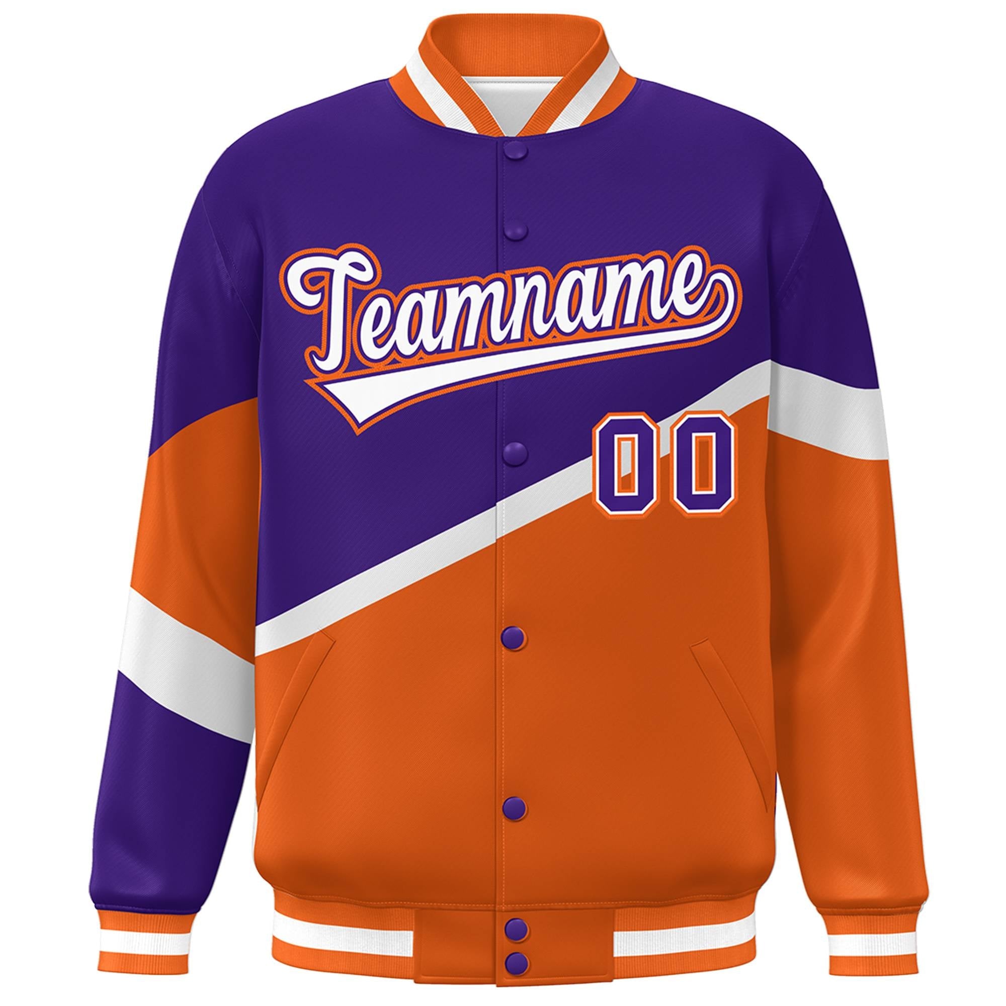 Custom Purple Orange White-Purple Color Block Bomber Varsity Baseball Jacket