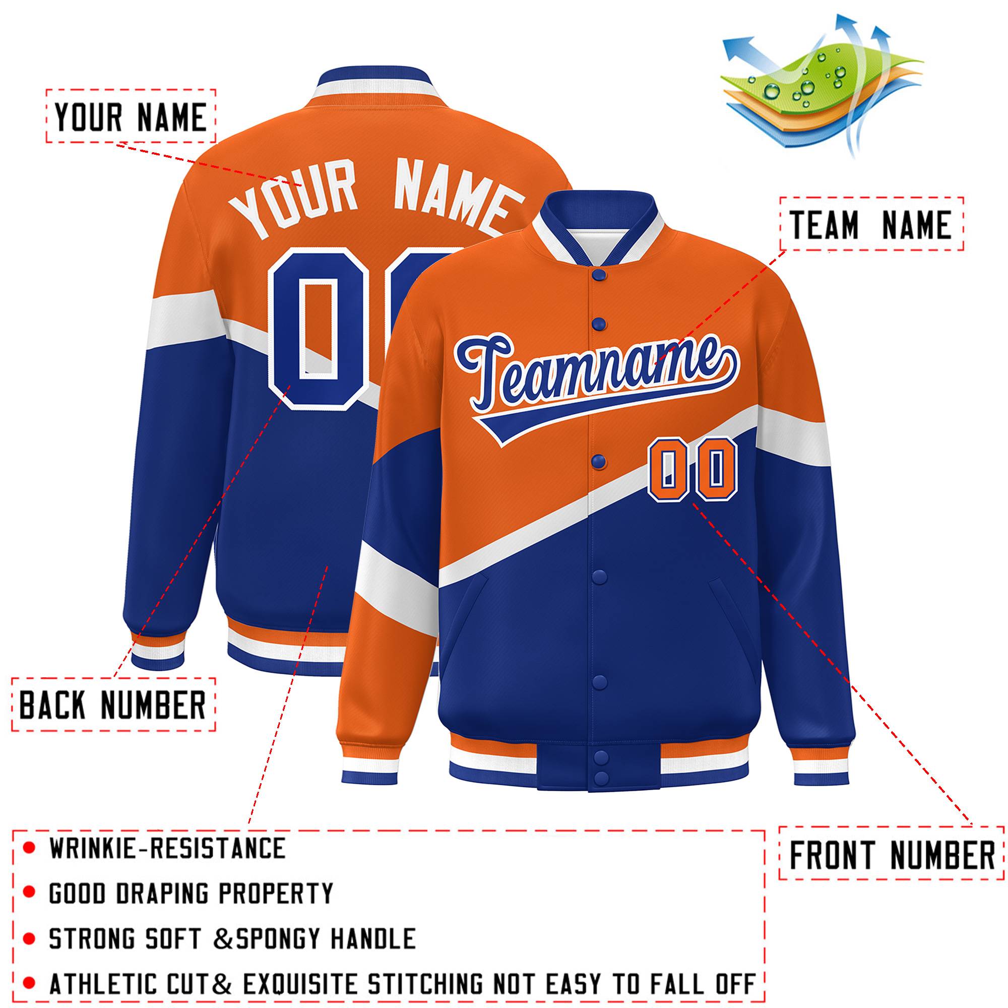 Custom Orange Royal-White Color Block Bomber Varsity Baseball Jacket