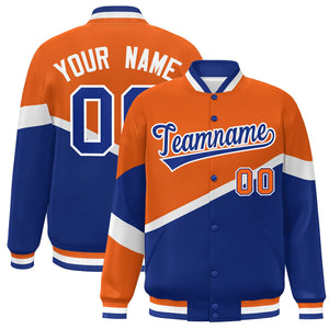 Custom Orange Royal-White Color Block Bomber Varsity Baseball Jacket