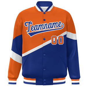 Custom Orange Royal-White Color Block Bomber Varsity Baseball Jacket