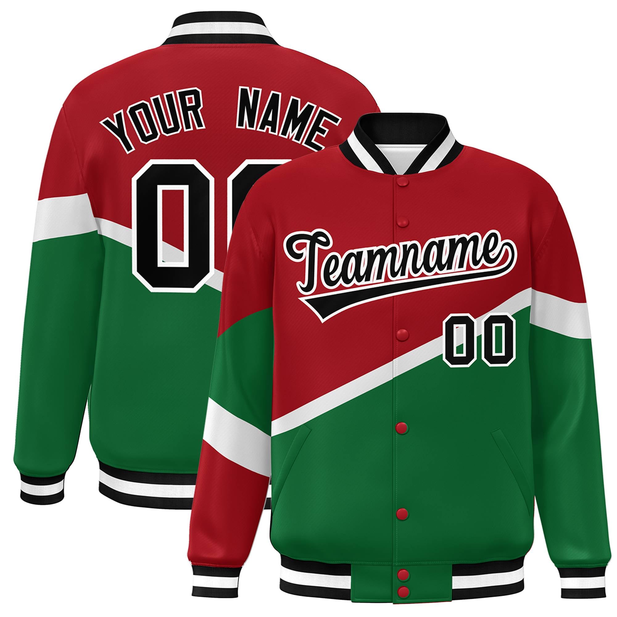 Custom Red Kelly Green Black-White Color Block Bomber Varsity Baseball Jacket