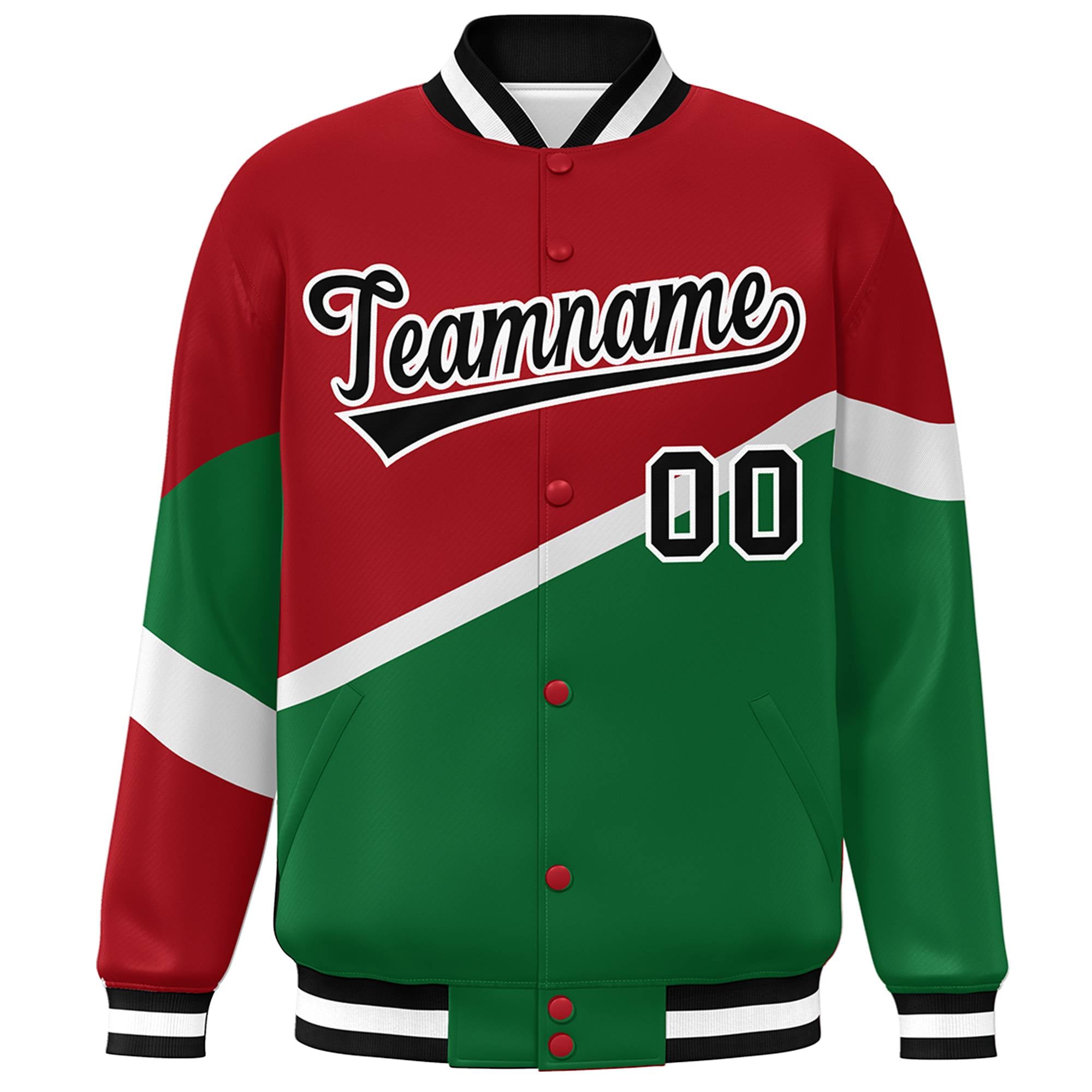 Custom Red Kelly Green Black-White Color Block Bomber Varsity Baseball Jacket