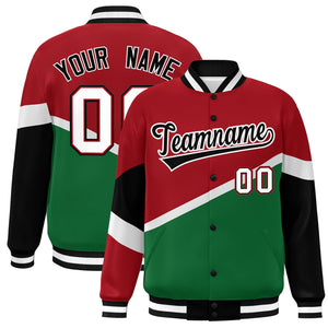 Custom Red Kelly Green Black-White Color Block Bomber Varsity Baseball Jacket