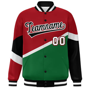 Custom Red Kelly Green Black-White Color Block Bomber Varsity Baseball Jacket