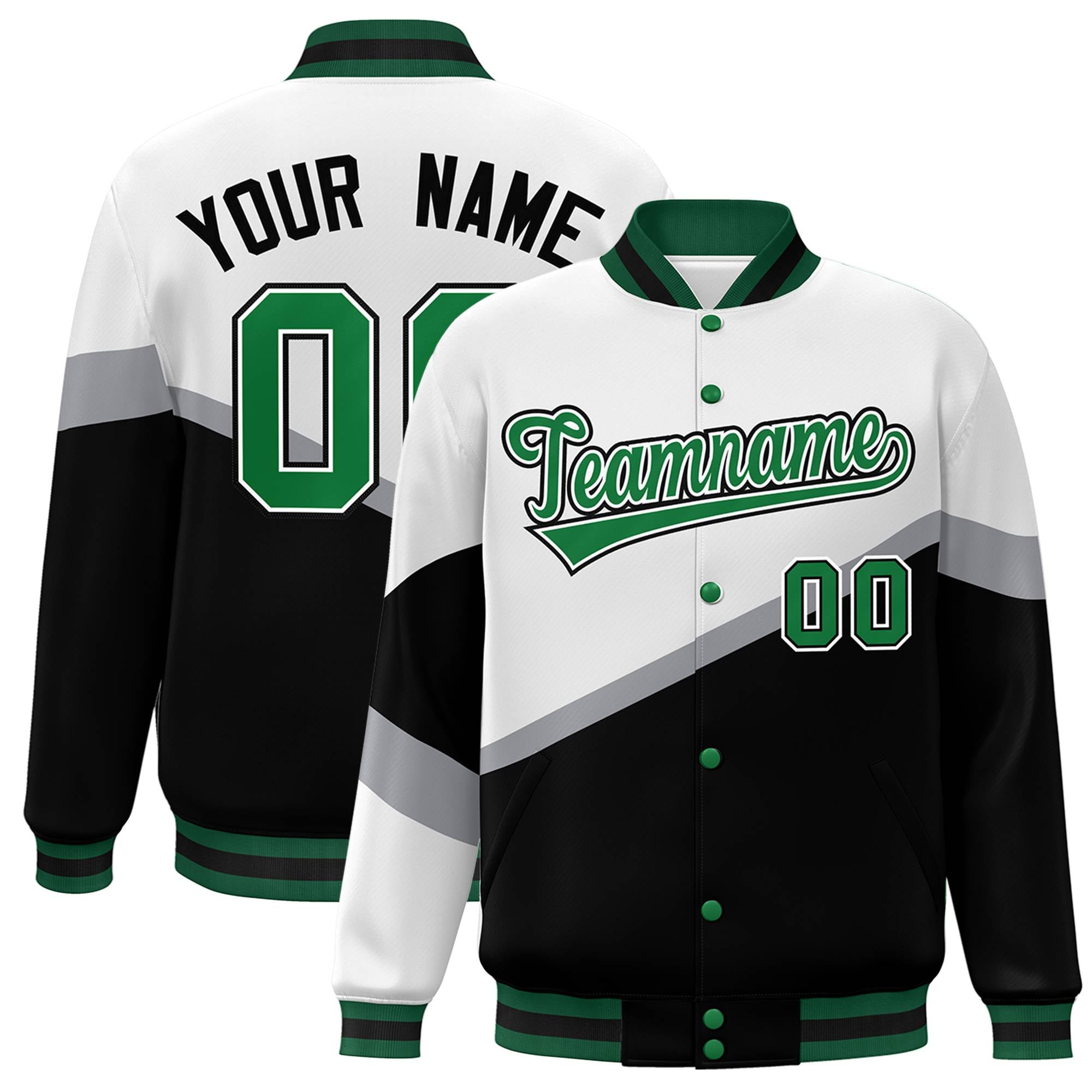 Custom White Black Kelly Green-White Color Block Bomber Varsity Baseball Jacket