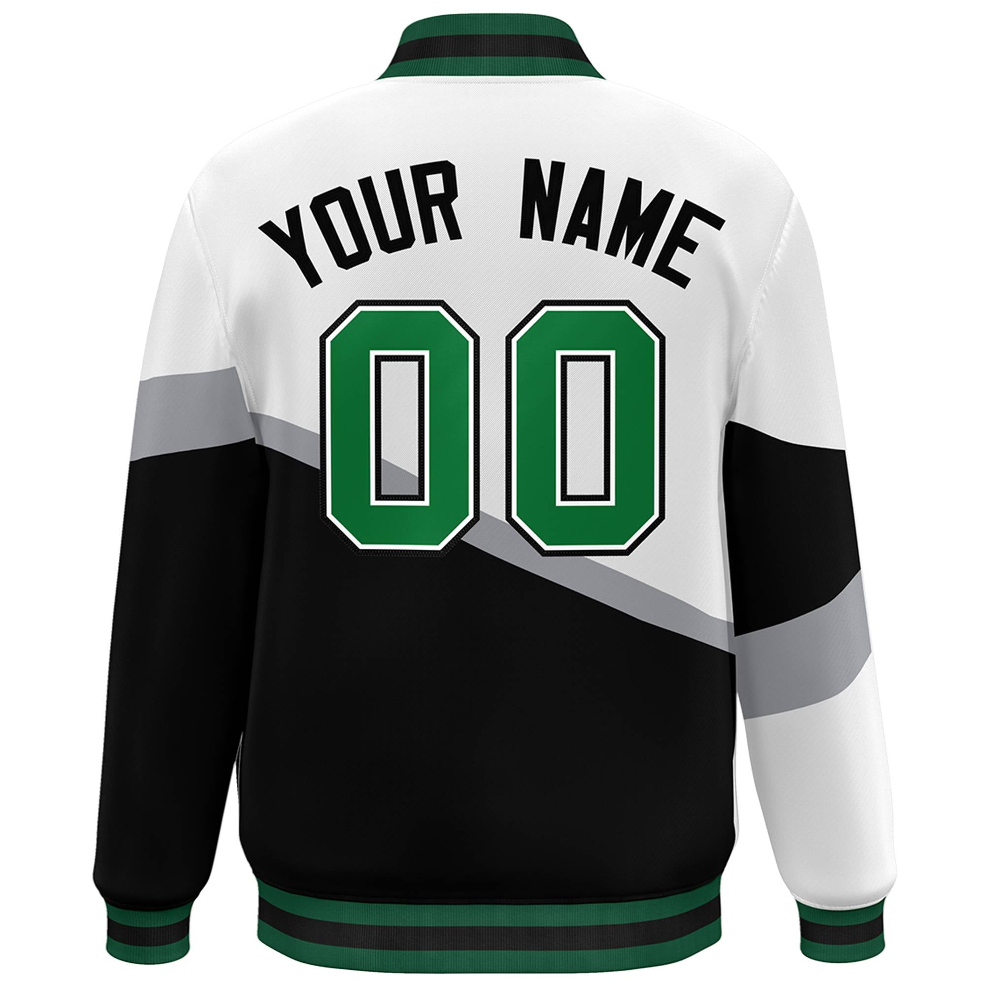 Custom White Black Kelly Green-White Color Block Bomber Varsity Baseball Jacket