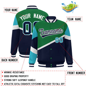 Custom Kelly Green Navy-White Color Block Bomber Varsity Baseball Jacket