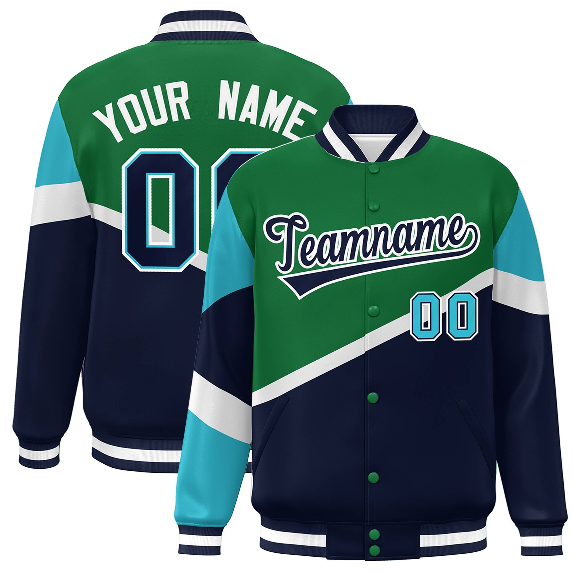 Custom Kelly Green Navy-White Color Block Bomber Varsity Baseball Jacket