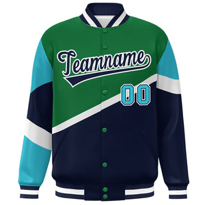 Custom Kelly Green Navy-White Color Block Bomber Varsity Baseball Jacket