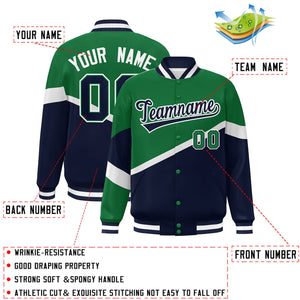 Custom Kelly Green Navy-White Color Block Bomber Varsity Baseball Jacket