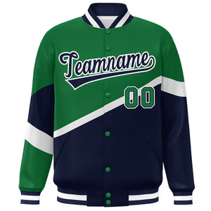 Custom Kelly Green Navy-White Color Block Bomber Varsity Baseball Jacket