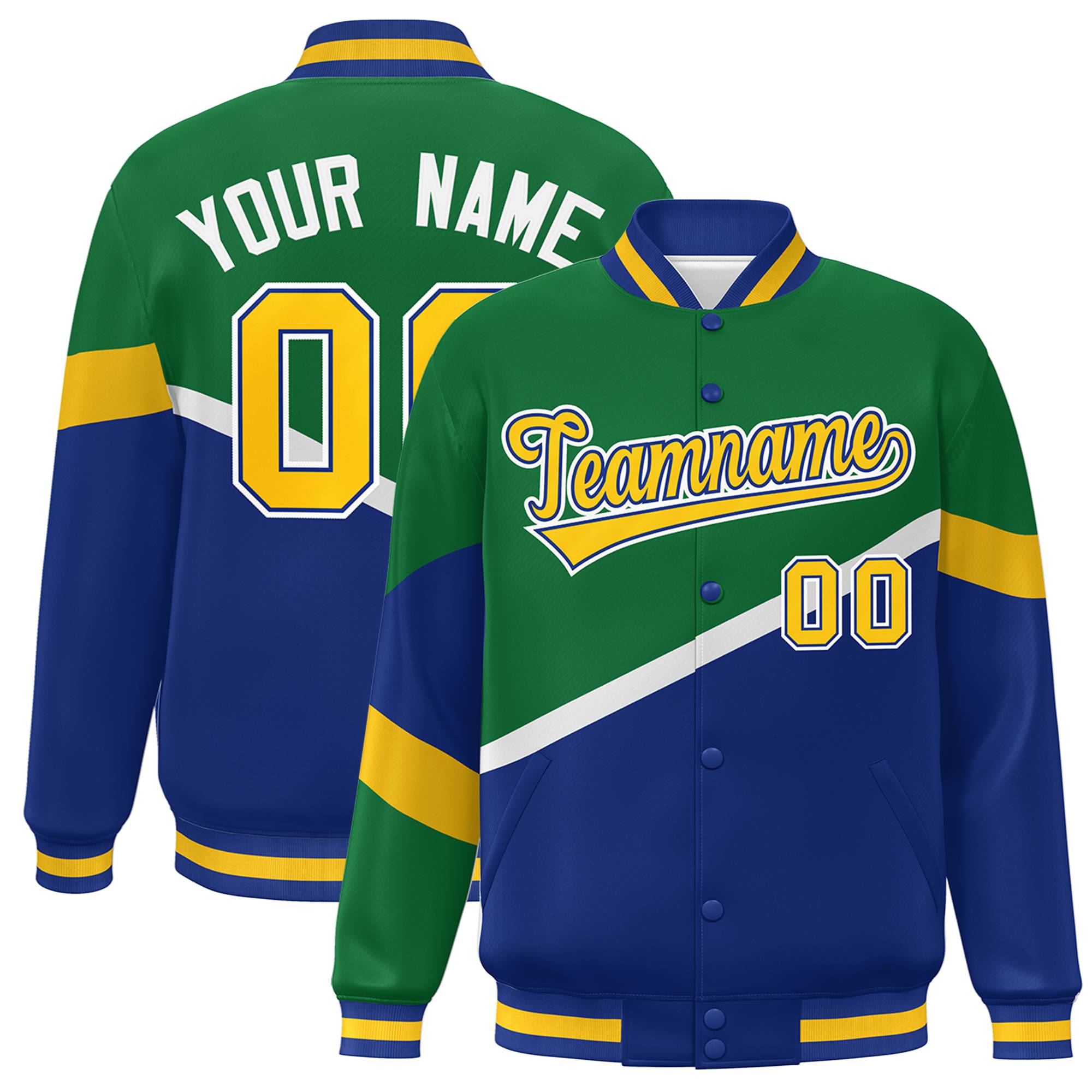 Custom Kelly Green Royal Gold-Royal Color Block Bomber Varsity Baseball Jacket