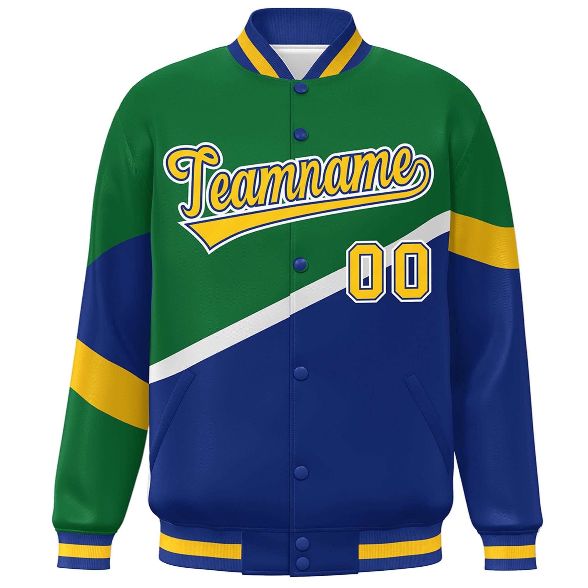 Custom Kelly Green Royal Gold-Royal Color Block Bomber Varsity Baseball Jacket