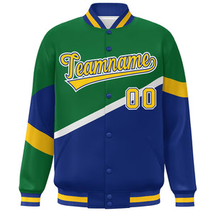 Custom Kelly Green Royal Gold-Royal Color Block Bomber Varsity Baseball Jacket