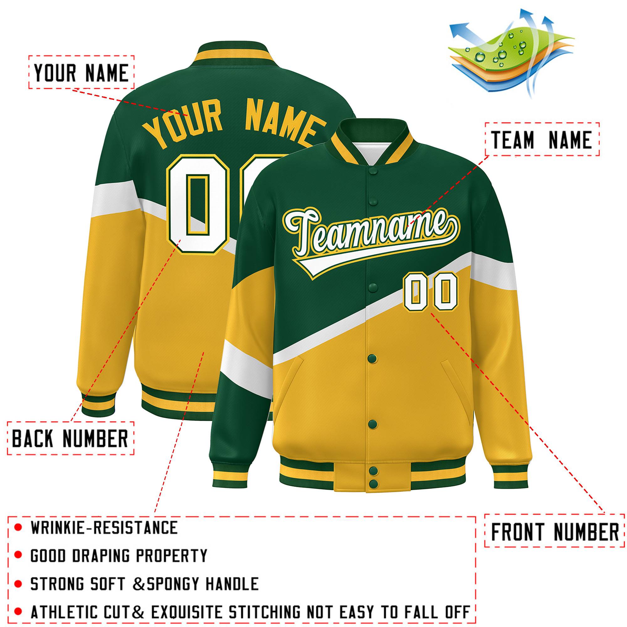 Custom Green Gold White-Green Color Block Bomber Varsity Baseball Jacket