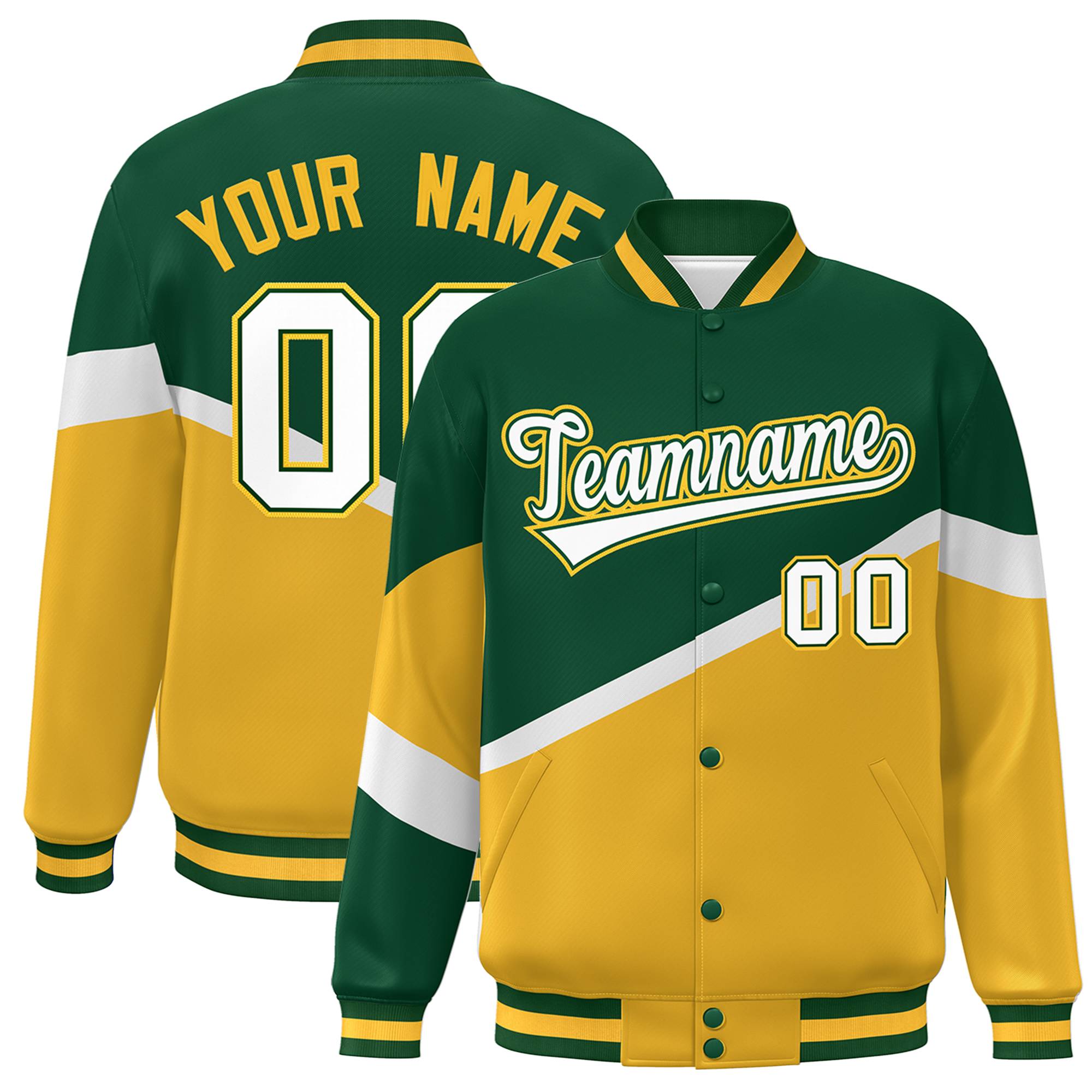 Custom Green Gold White-Green Color Block Bomber Varsity Baseball Jacket