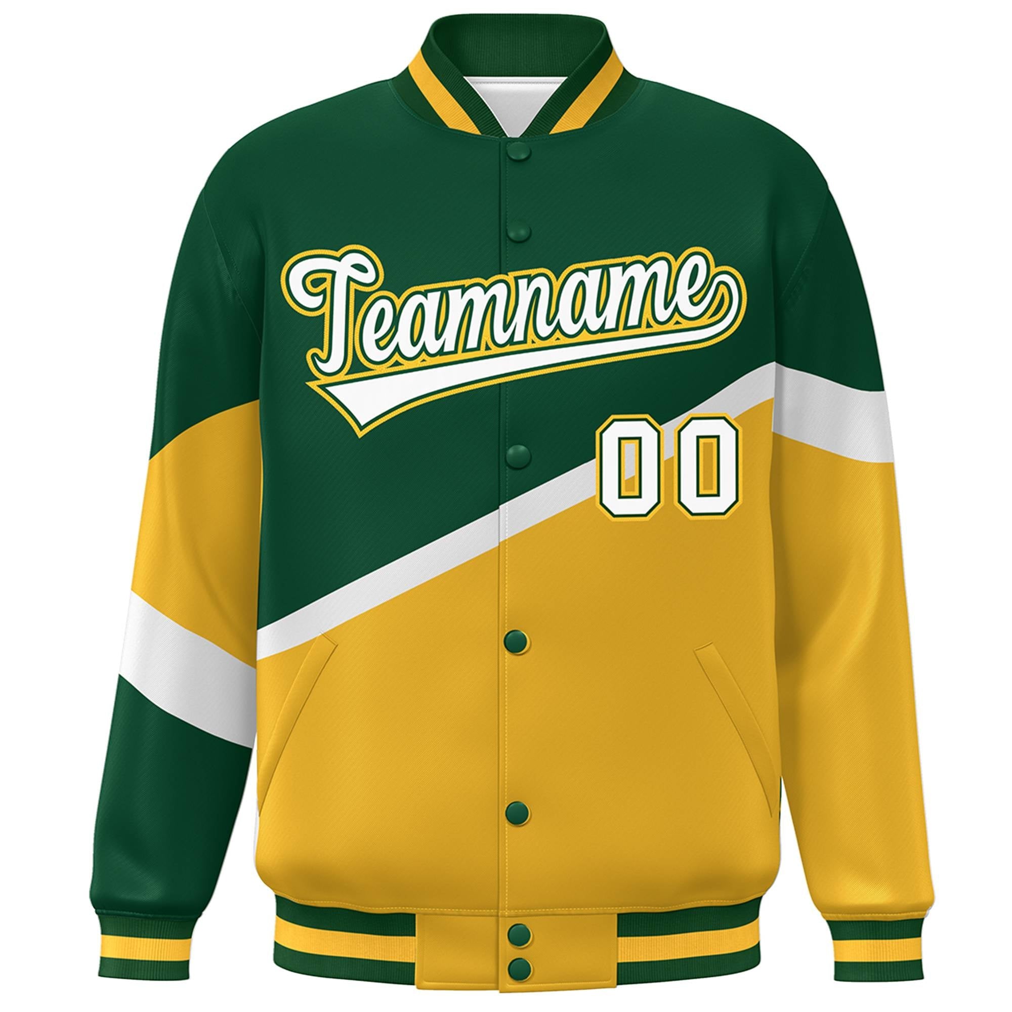 Custom Green Gold White-Green Color Block Bomber Varsity Baseball Jacket