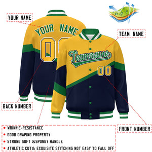 Custom Gold Navy Kelly Green-White Color Block Bomber Varsity Baseball Jacket