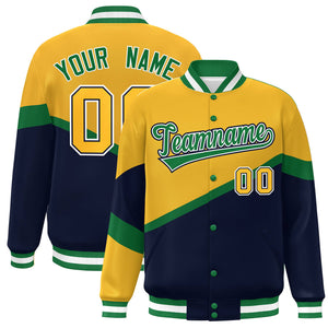 Custom Gold Navy Kelly Green-White Color Block Bomber Varsity Baseball Jacket