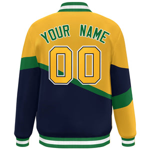 Custom Gold Navy Kelly Green-White Color Block Bomber Varsity Baseball Jacket