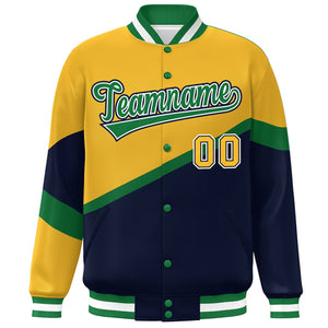 Custom Gold Navy Kelly Green-White Color Block Bomber Varsity Baseball Jacket