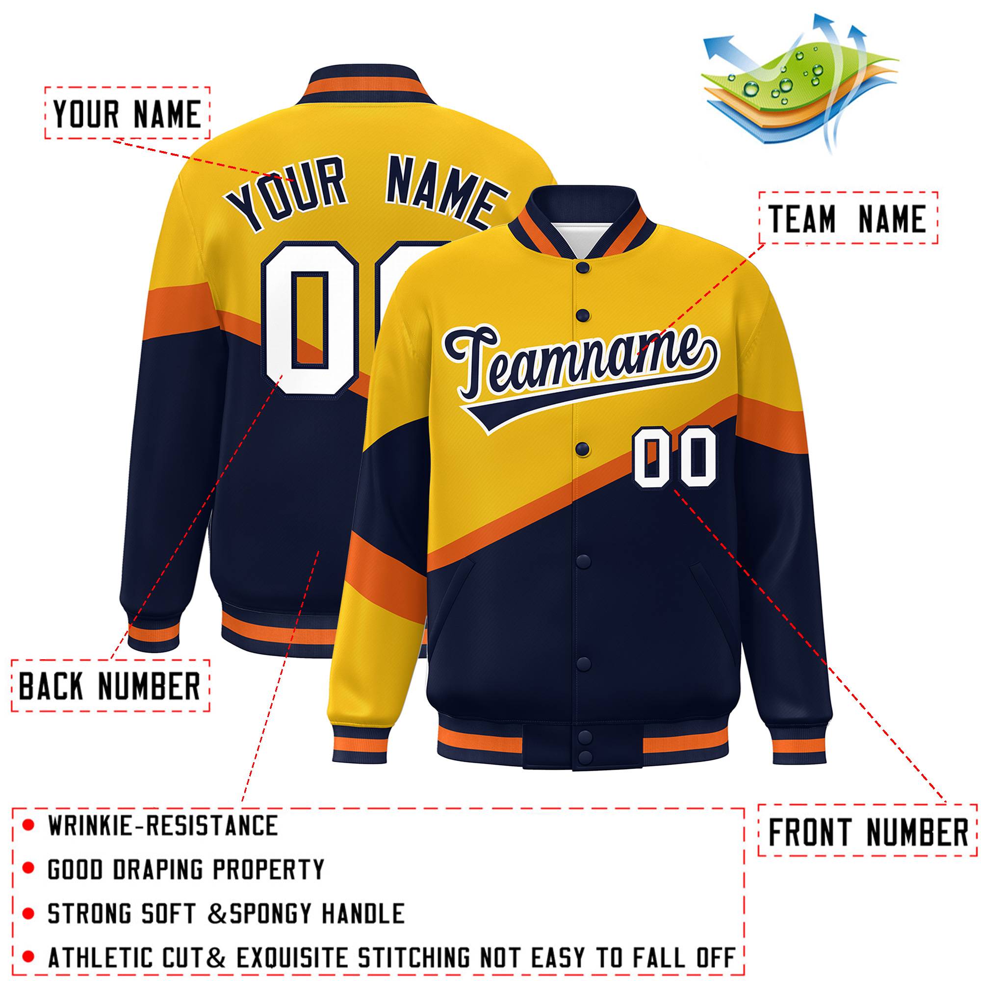 Custom Gold Navy-White Color Block Bomber Varsity Baseball Jacket