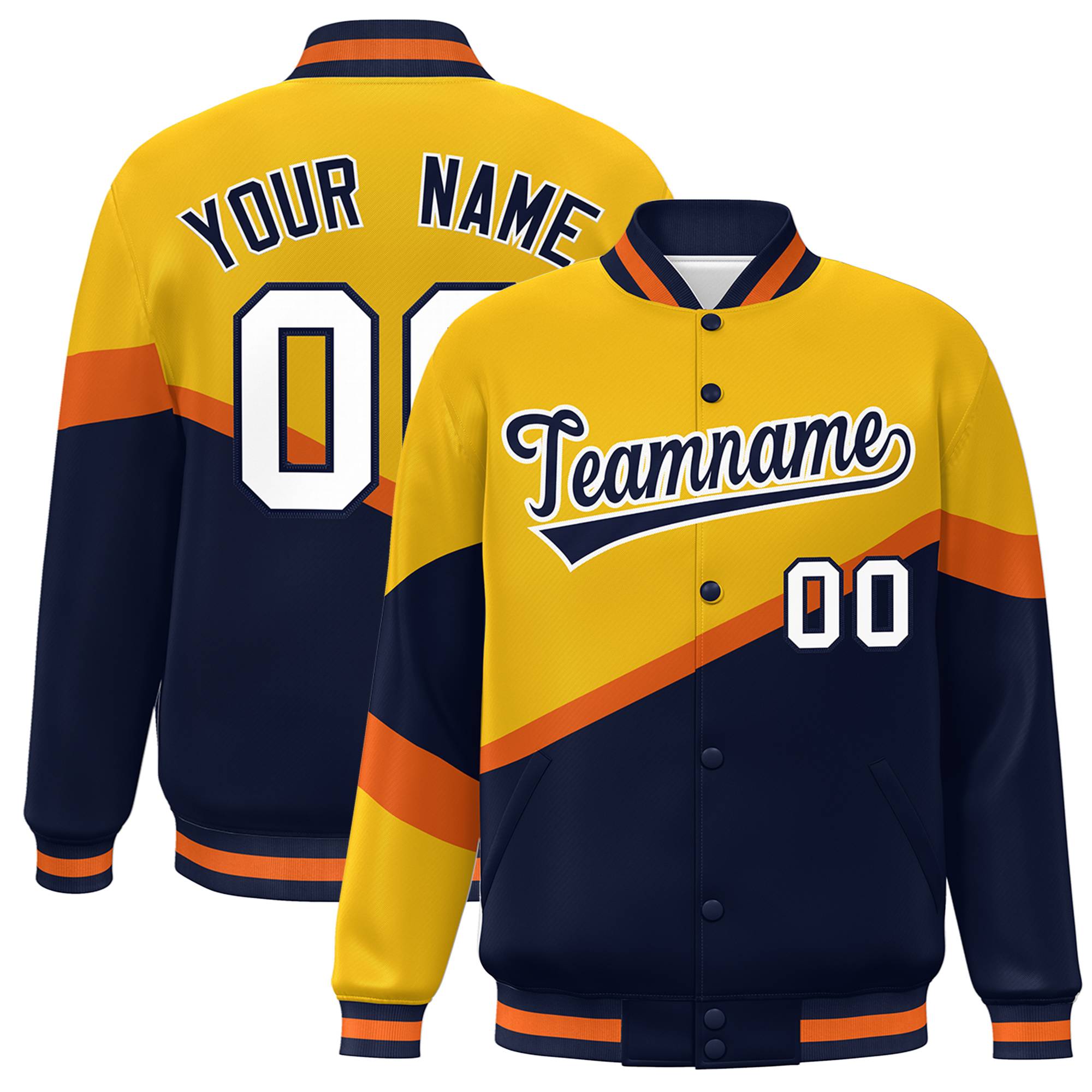 Custom Gold Navy-White Color Block Bomber Varsity Baseball Jacket