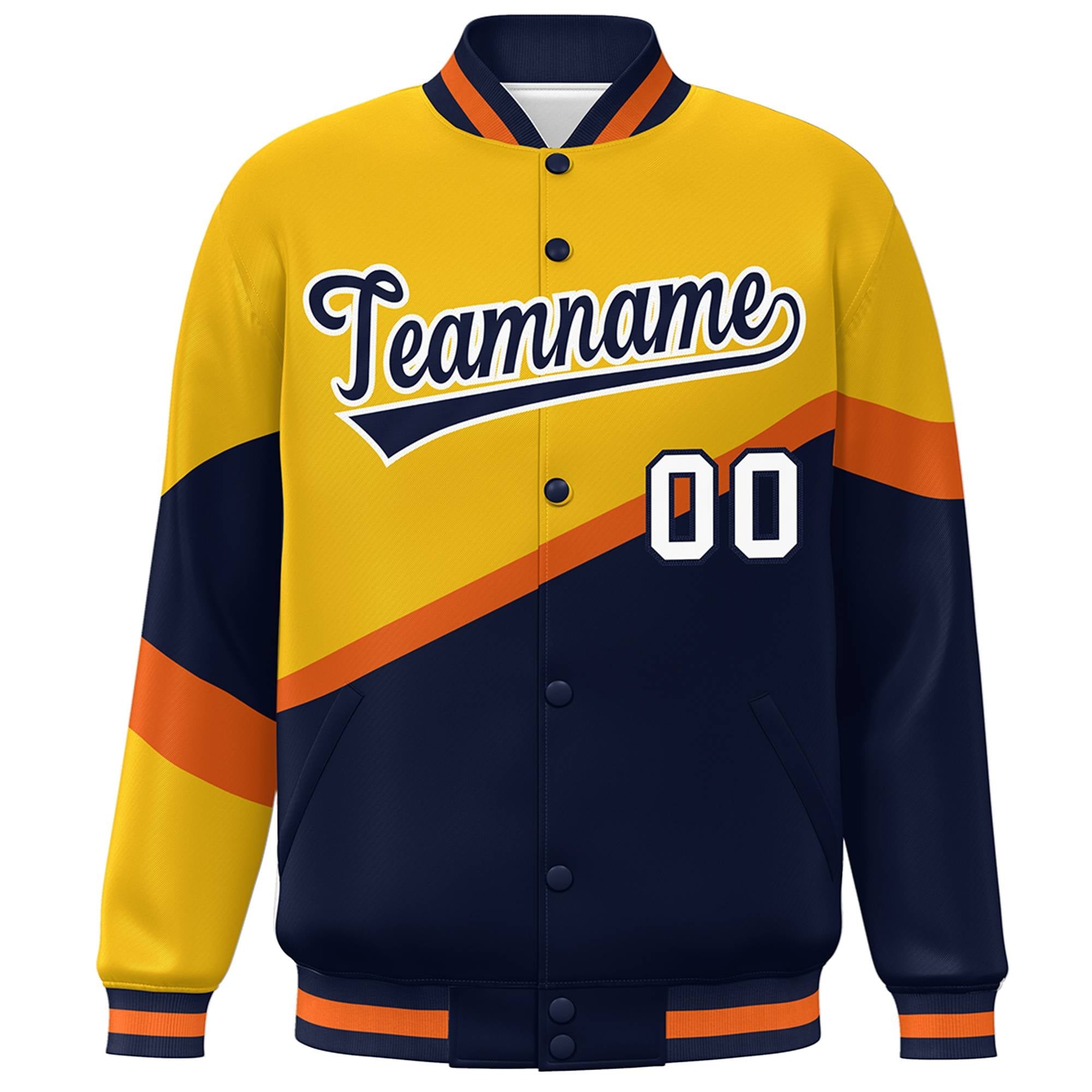 Custom Gold Navy-White Color Block Bomber Varsity Baseball Jacket