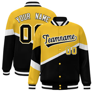 Custom Gold Black-White Color Block Bomber Varsity Baseball Jacket