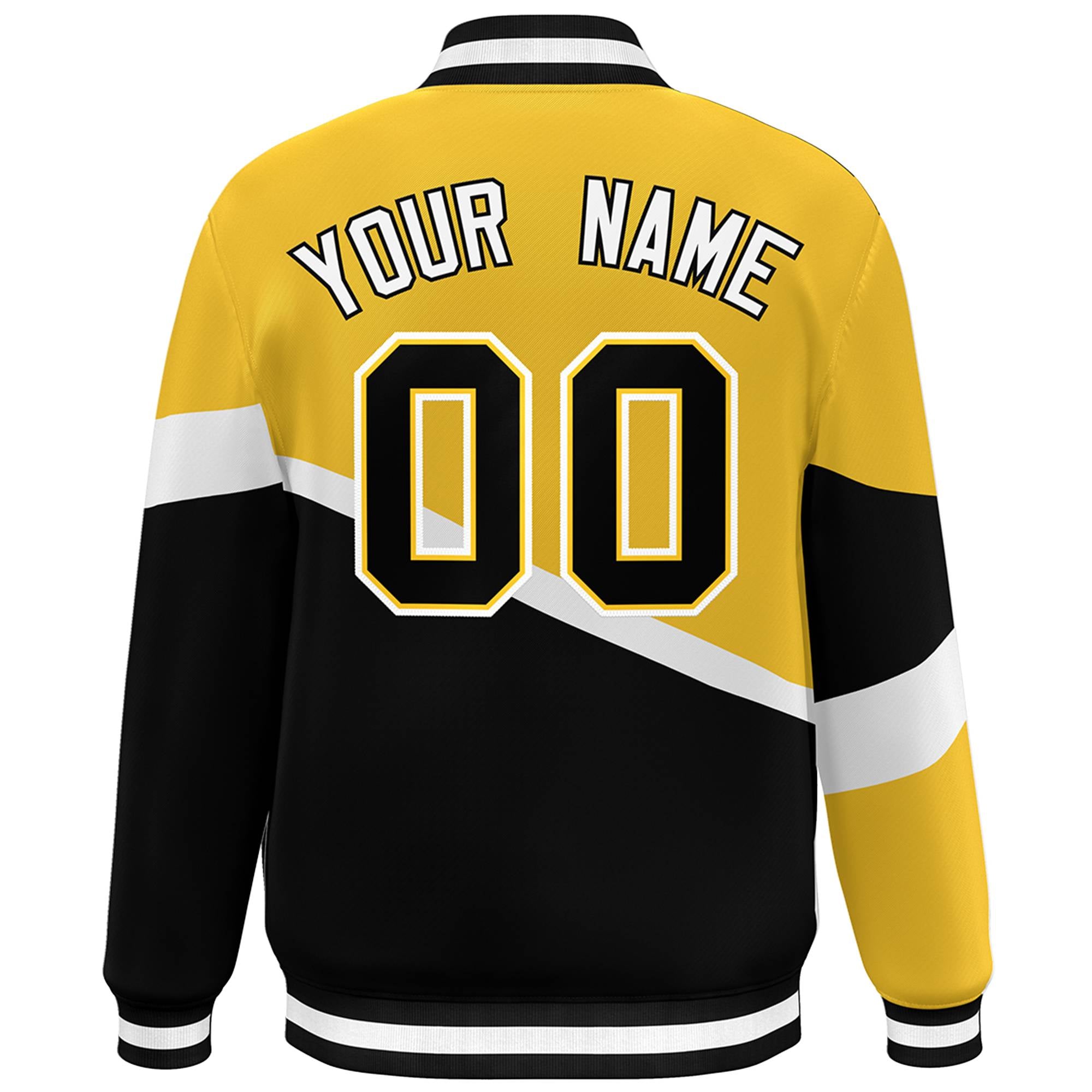 Custom Gold Black-White Color Block Bomber Varsity Baseball Jacket