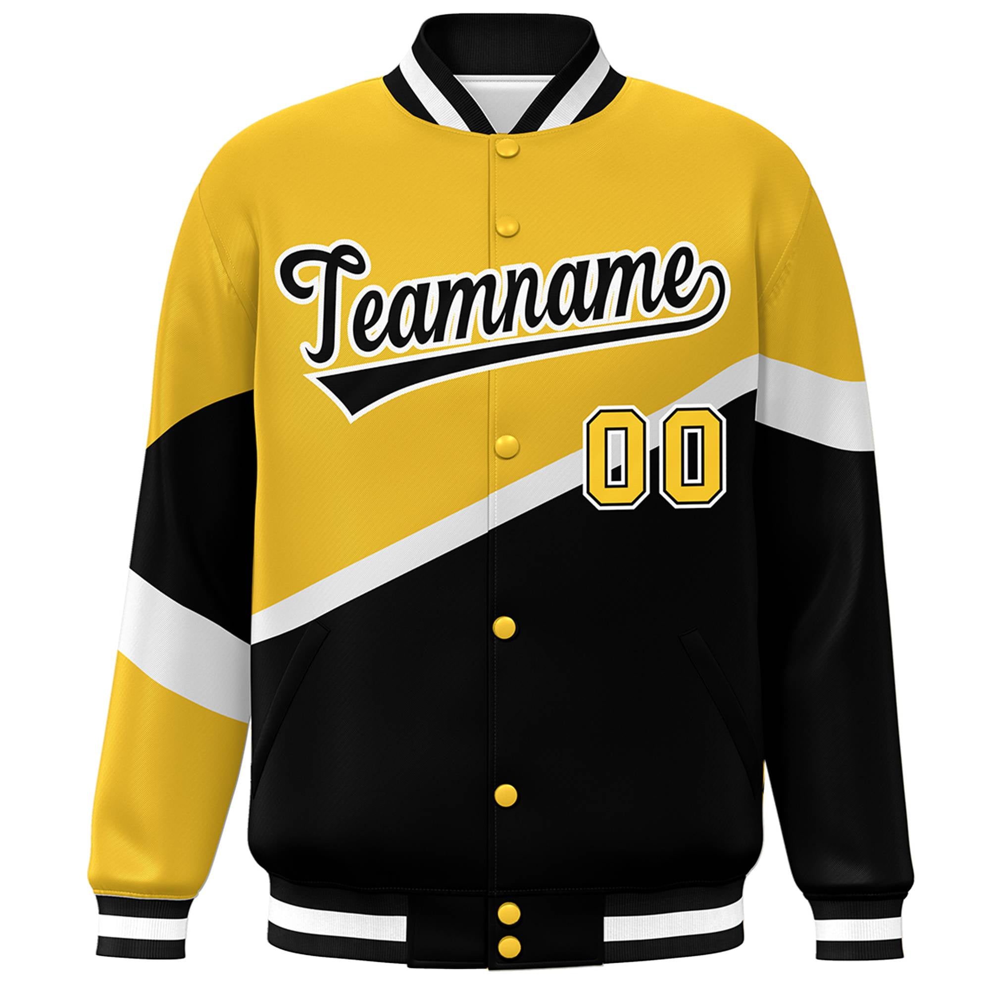 Custom Gold Black-White Color Block Bomber Varsity Baseball Jacket