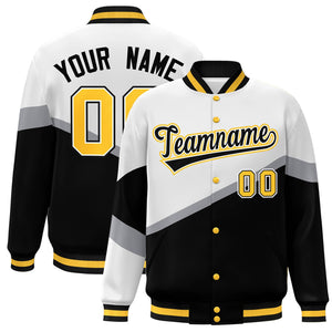 Custom White Black-White Color Block Bomber Varsity Baseball Jacket